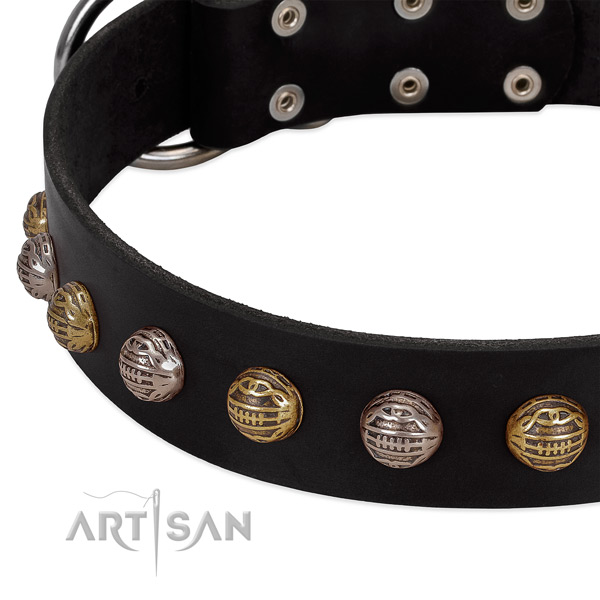 Genuine leather dog collar with strong D-ring and adornments