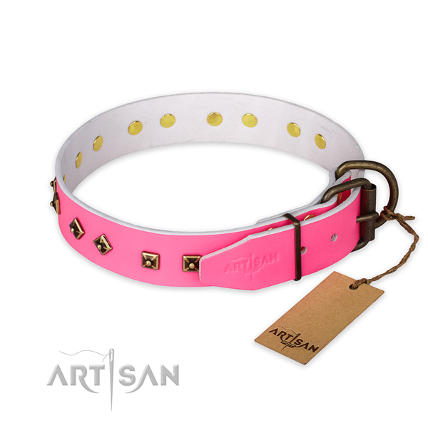 Durable D-ring on full grain natural leather collar for basic training your pet