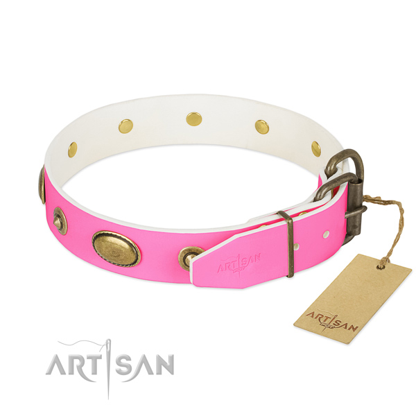 Strong D-ring on full grain natural leather dog collar for your pet