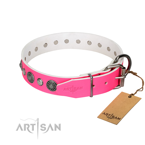 Gentle to touch leather dog collar with rust resistant hardware