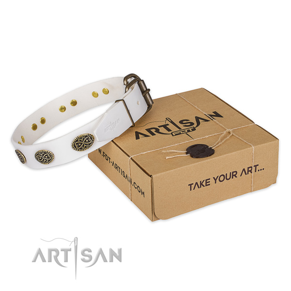 Rust-proof D-ring on genuine leather collar for your impressive doggie