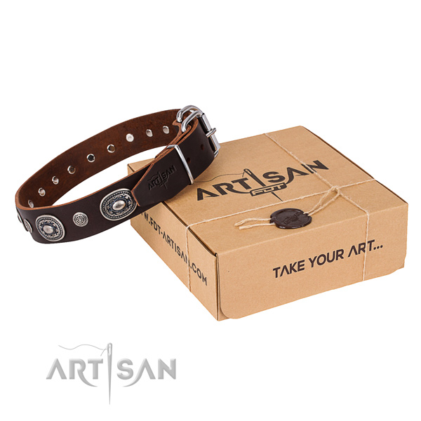 Strong natural genuine leather dog collar created for comfy wearing