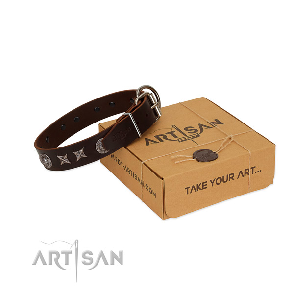 Stylish design full grain natural leather dog collar with corrosion resistant D-ring