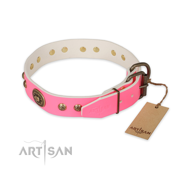 Reliable traditional buckle on natural genuine leather collar for stylish walking your canine