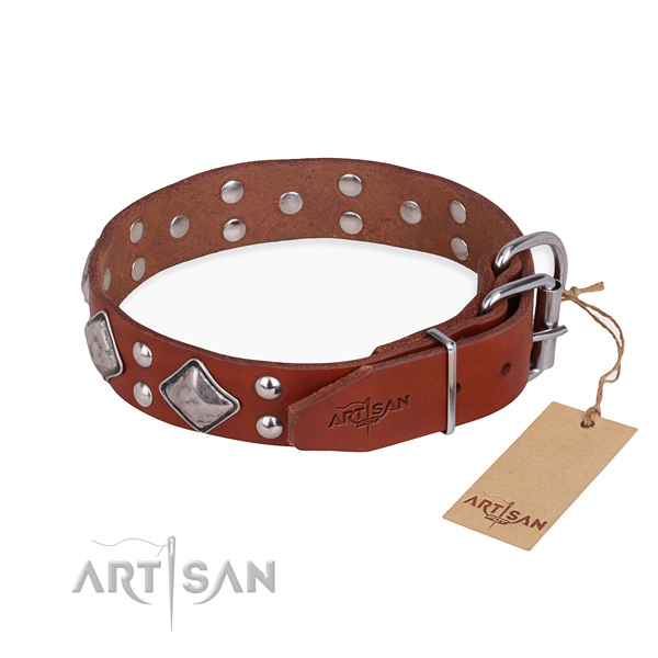 Genuine leather dog collar with inimitable reliable adornments
