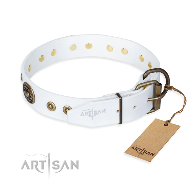 Full grain natural leather dog collar made of gentle to touch material with reliable studs