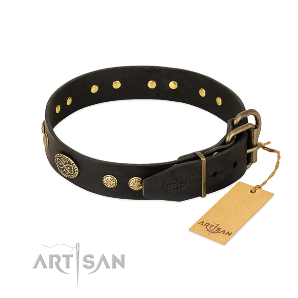 Corrosion resistant D-ring on full grain leather dog collar for your pet