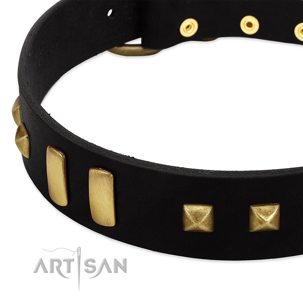 Reliable natural leather dog collar with adornments for easy wearing