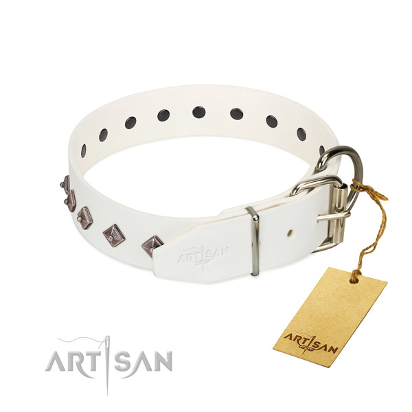 Awesome embellishments on full grain leather collar for comfy wearing your doggie