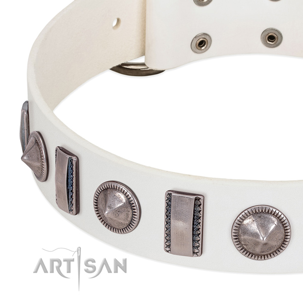 Unusual decorated full grain natural leather dog collar for handy use