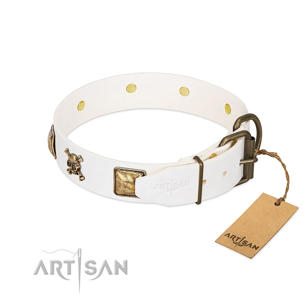 Everyday walking natural leather dog collar with stunning decorations