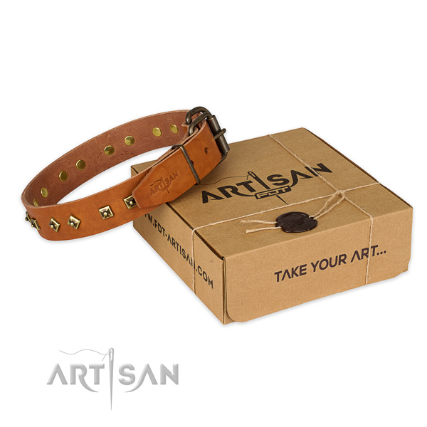 Durable fittings on genuine leather dog collar for fancy walking