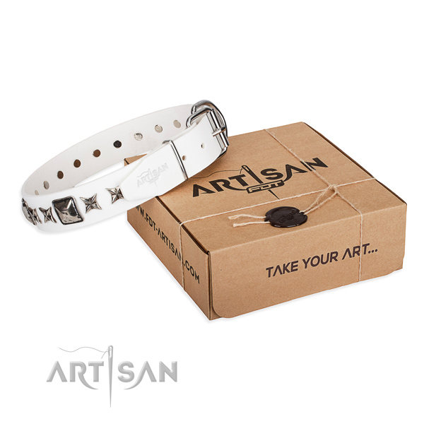 Comfy wearing leather dog collar with decorations