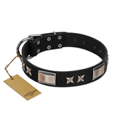 "Pitch Dark" FDT Artisan Black Leather Amstaff Collar with Stars and Plates