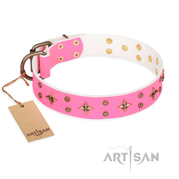 Handy use dog collar of durable full grain leather with studs