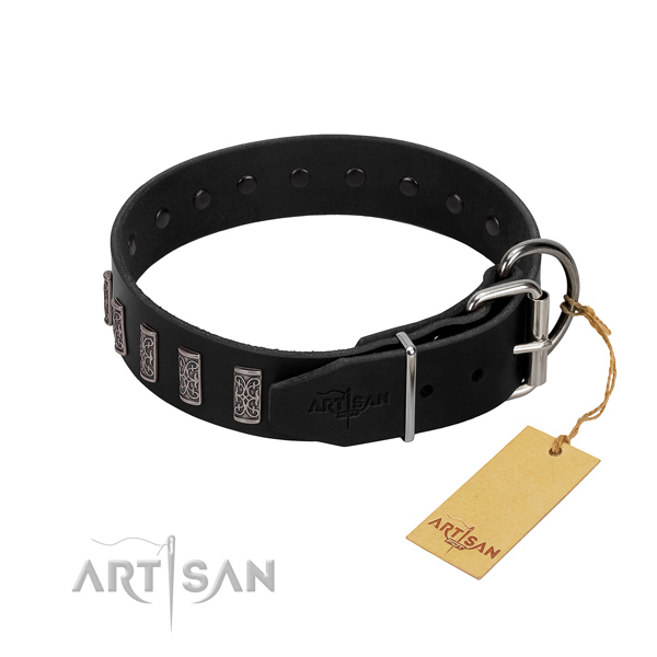 Corrosion proof D-ring on full grain genuine leather dog collar for daily walking your four-legged friend