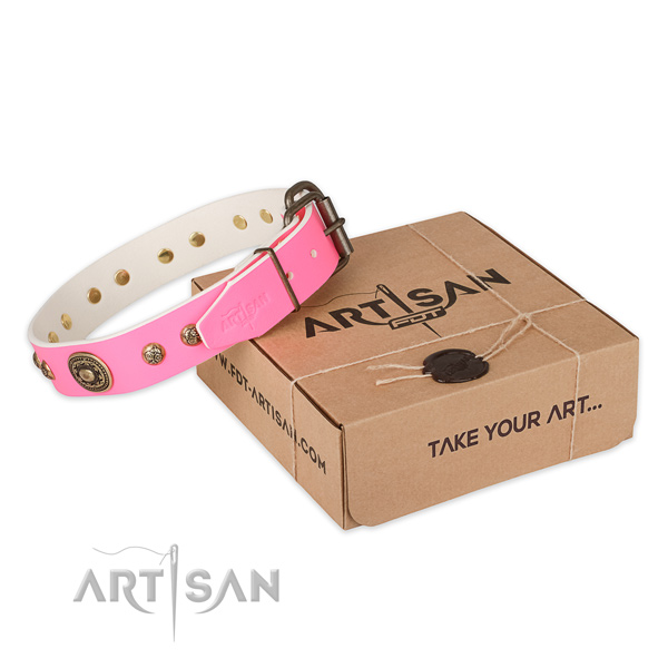 Corrosion proof hardware on full grain natural leather dog collar for handy use