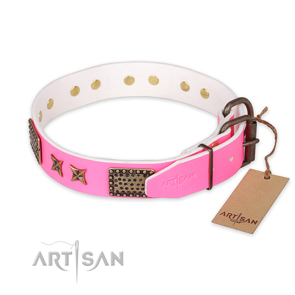 Durable fittings on natural genuine leather collar for your handsome doggie