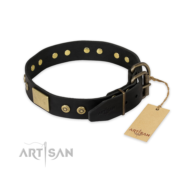 Rust resistant D-ring on genuine leather collar for stylish walking your doggie