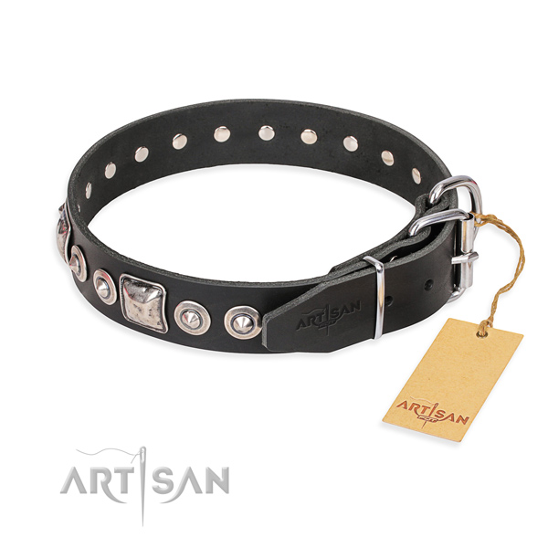 Genuine leather dog collar made of flexible material with reliable decorations