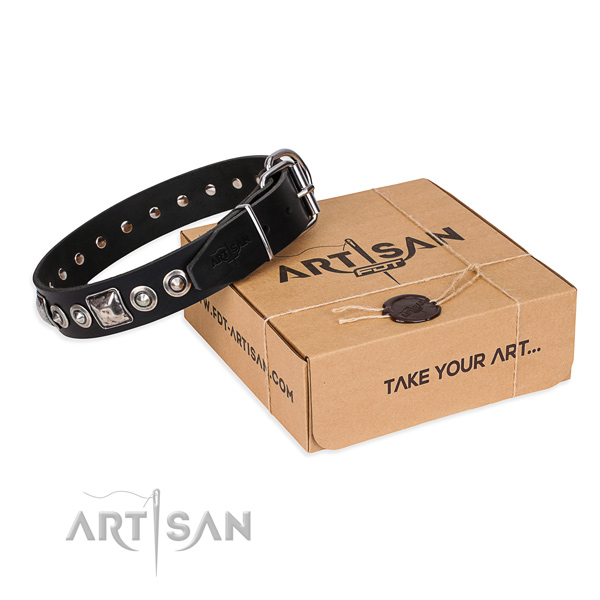 Full grain genuine leather dog collar made of reliable material with corrosion resistant traditional buckle
