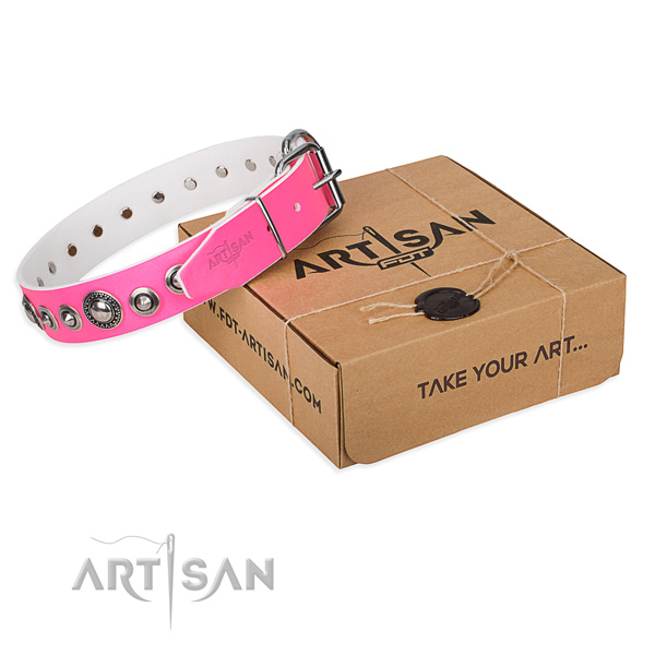 Natural genuine leather dog collar made of soft to touch material with rust resistant fittings