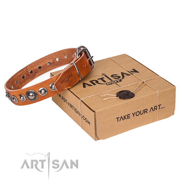 Full grain natural leather dog collar made of soft material with strong buckle