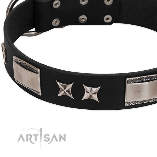 Flexible genuine leather dog collar with corrosion proof traditional buckle