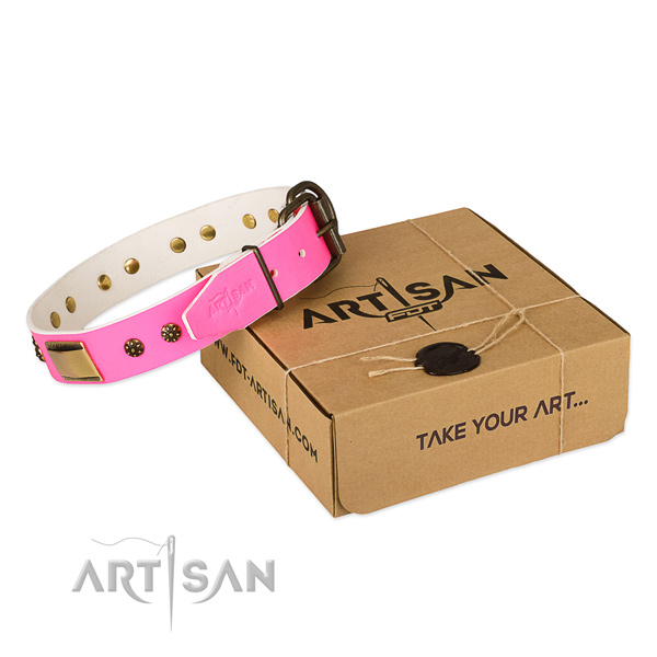 Convenient natural genuine leather collar for your beautiful doggie