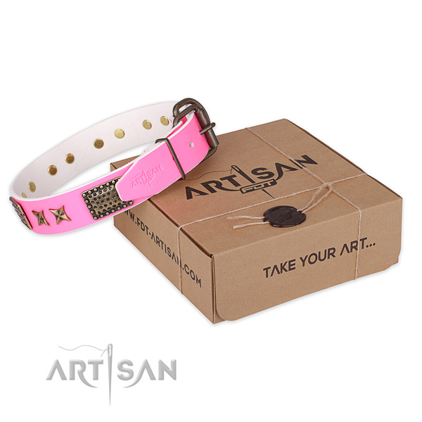 Corrosion resistant hardware on genuine leather collar for your impressive pet