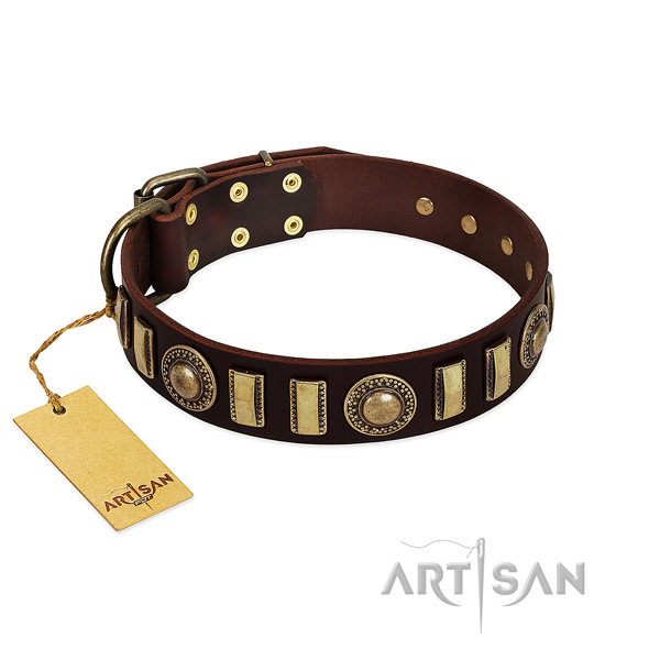 Durable natural leather dog collar with rust-proof buckle