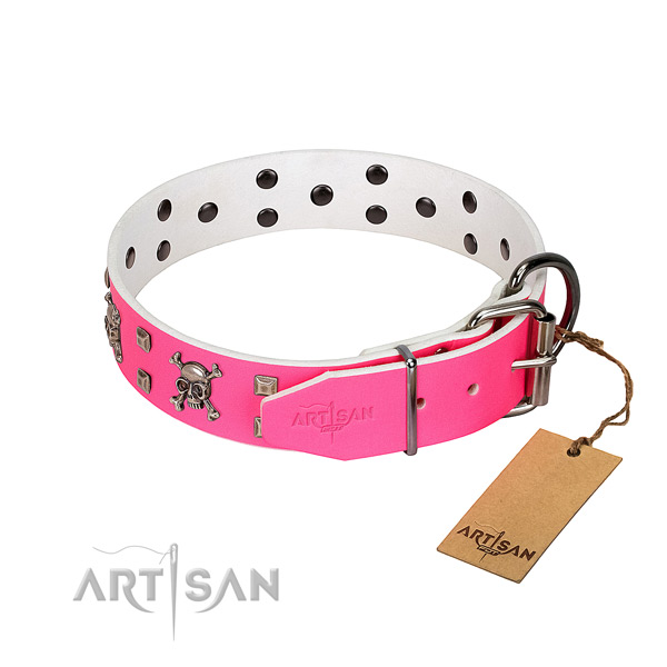 Durable traditional buckle on full grain natural leather dog collar
