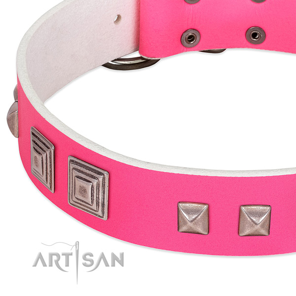 Genuine leather dog collar with rust resistant traditional buckle and decorations