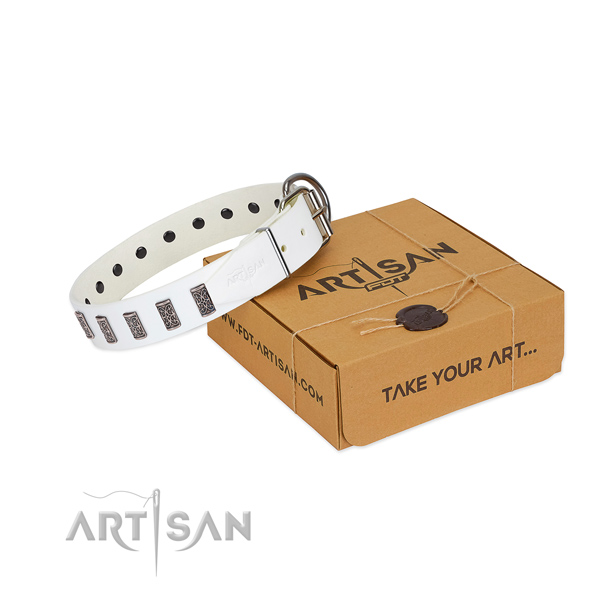 Durable genuine leather dog collar with strong buckle