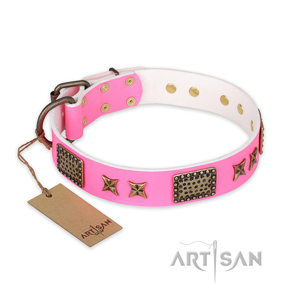 Comfortable natural genuine leather dog collar with strong fittings