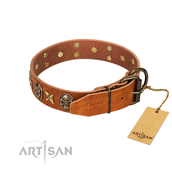 Natural genuine leather dog collar with durable hardware and studs