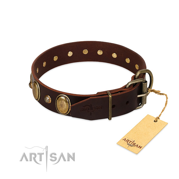 Rust-proof D-ring on full grain leather collar for stylish walking your pet