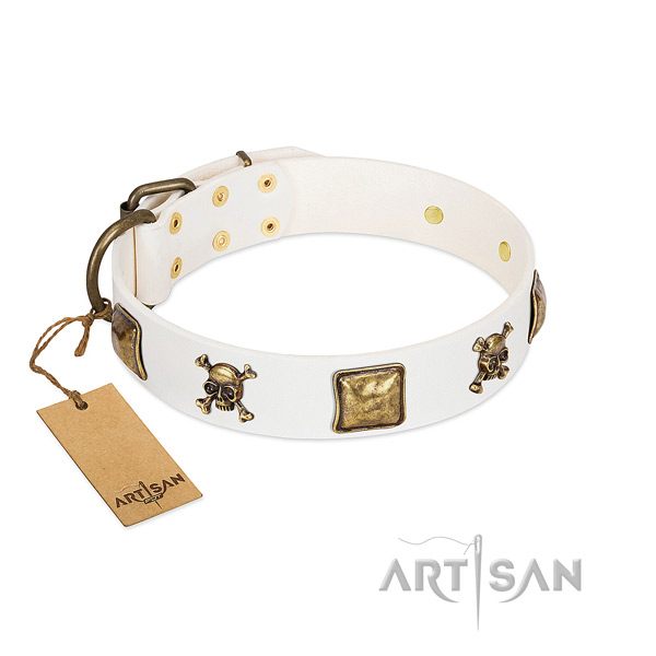 Easy wearing gentle to touch full grain leather dog collar with embellishments