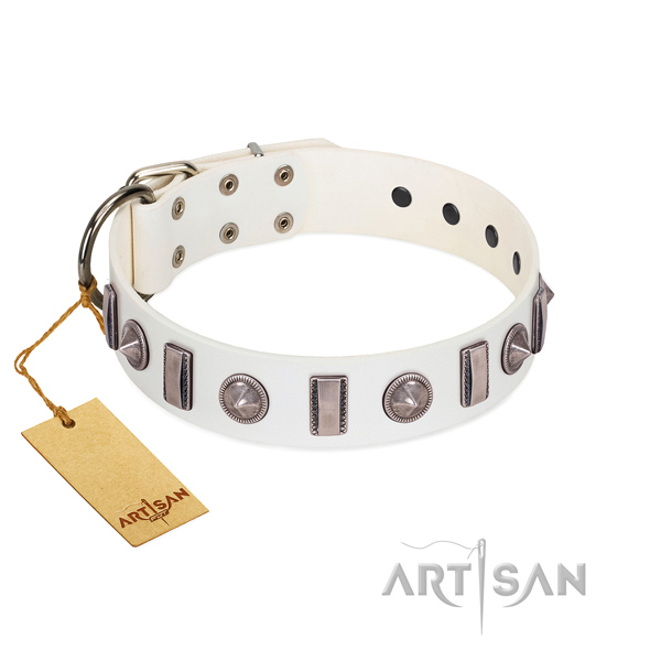 Soft to touch natural leather dog collar with decorations for your doggie