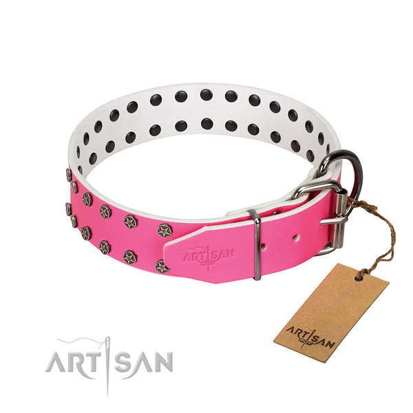 Top notch full grain natural leather dog collar with decorations for your pet
