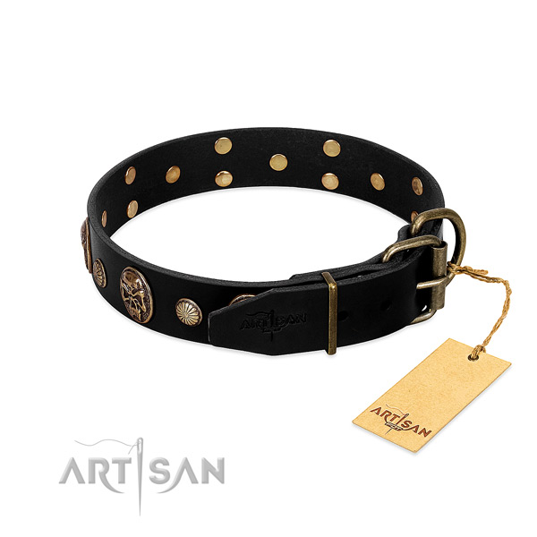 Corrosion proof D-ring on full grain genuine leather collar for fancy walking your pet