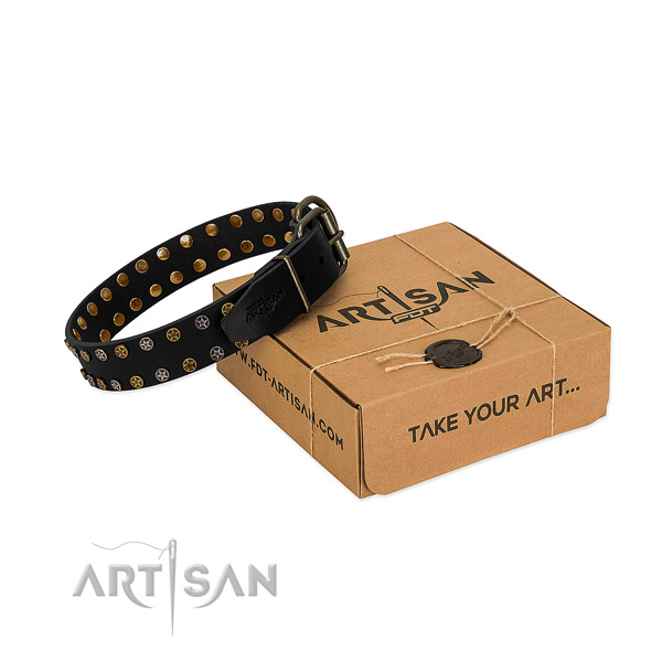 Fashionable full grain natural leather dog collar with strong studs