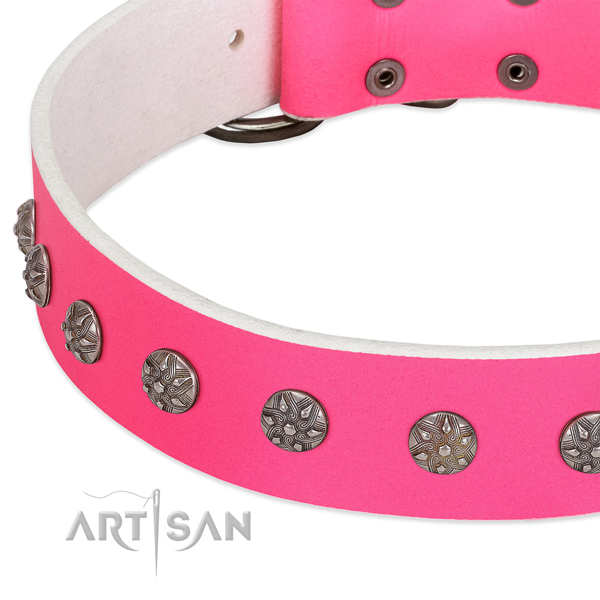 Soft full grain genuine leather dog collar with decorations for your pet