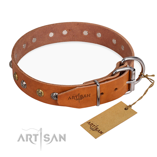 Durable natural genuine leather dog collar made for comfortable wearing