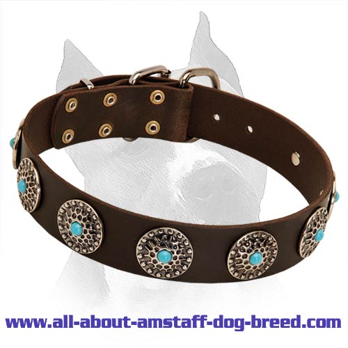 Stylish Wide Amstaff Leather Dog Collar With Blue Stones - Click Image to Close