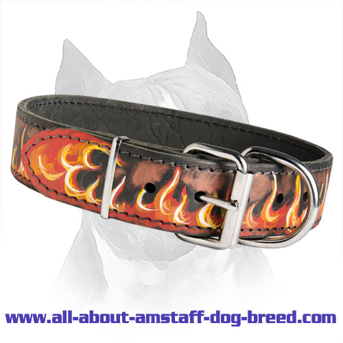 Flames Painted Leather Dog Collar For Amstaff Dog Breed