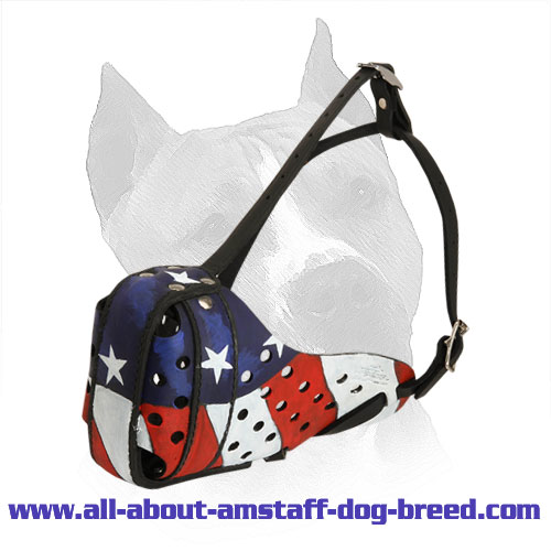 Real American Hand Painted Leather Dog Muzzle for Amstaff