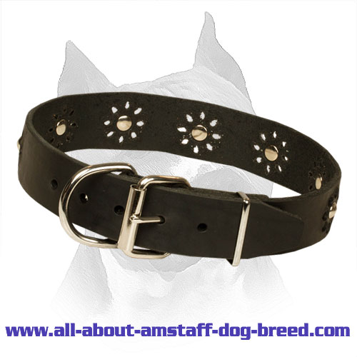'Flower Blues' Leather Amstaff Collar for Walking in Style