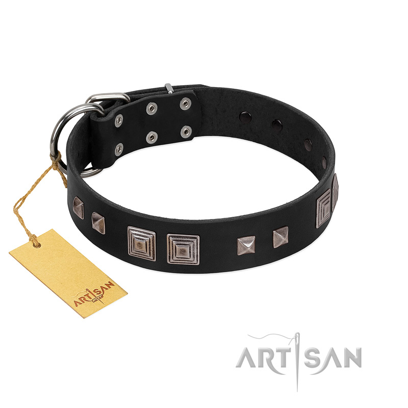 "Foregone Riches" FDT Artisan Black Leather Amstaff Collar with Old Silver-like Square Studs and Pyramids