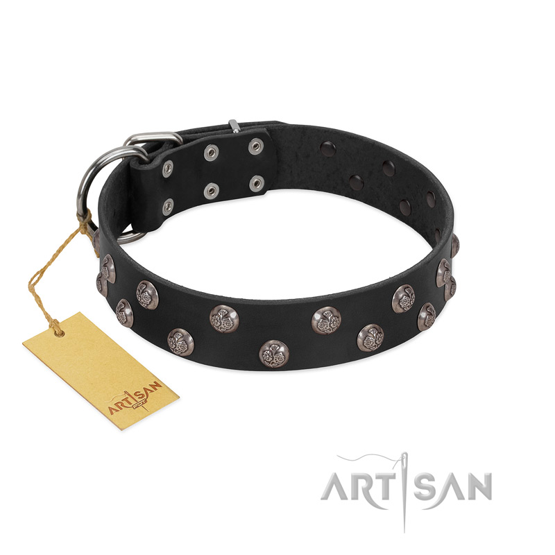"Power-Flower" FDT Artisan Black Leather Amstaff Collar with Two Rows of Silver-like Studs with Engraved Flowers